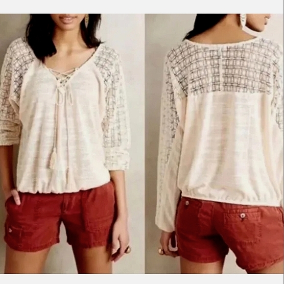 Anthropologie Tops - Anthropologie Meadow Rue Ivory Crocheted Lace Peasant Top SM